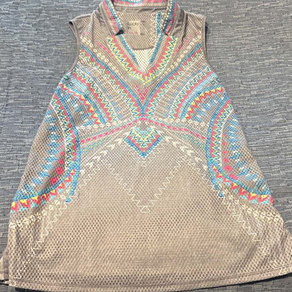 Lucky in Love Brand Taupe V-Neck Sleeveless Tank with Multicolor Embroidery